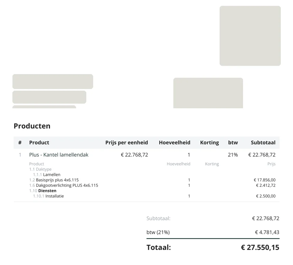 Maatwerkofferte voor een kantel lamellendak van 6,11 bij 4 meter, totaal 27.550,15 euro