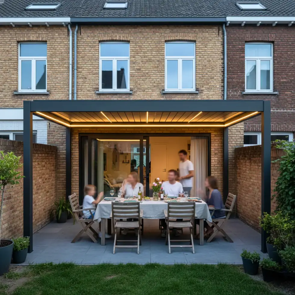 SKALA lamellenpergola tegen de gevel bij valavond